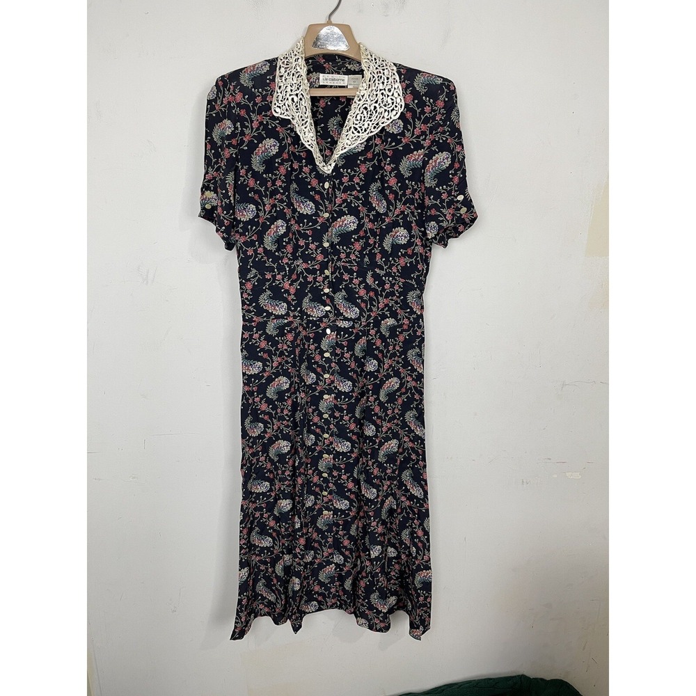 Liz Claiborne Petite Vintage Floral Paisley Midi Dress Lace Collar Navy Blue 10P